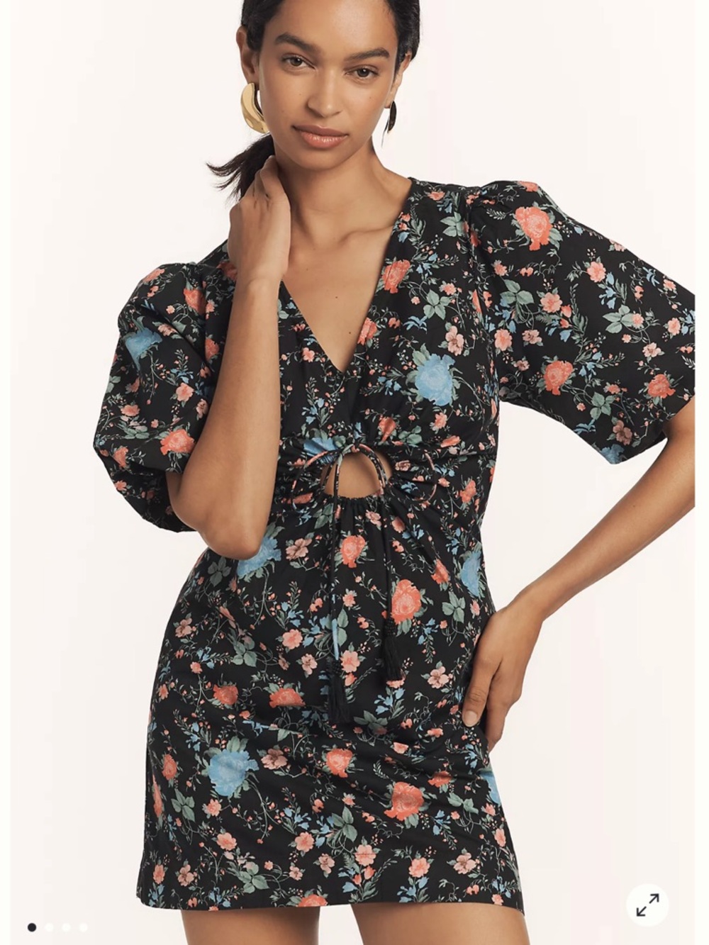 Anthropologie Maeve Black Floral Mini Dress with Cutout and Puff Sleeves